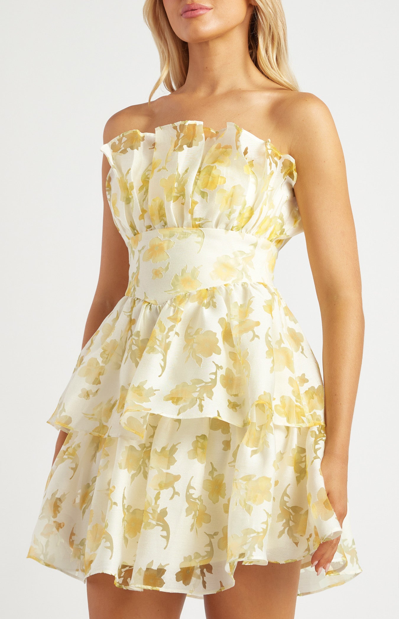 Ruffled Neckline Strapless Floral Organza Dress | Brooklyn Rae Designs