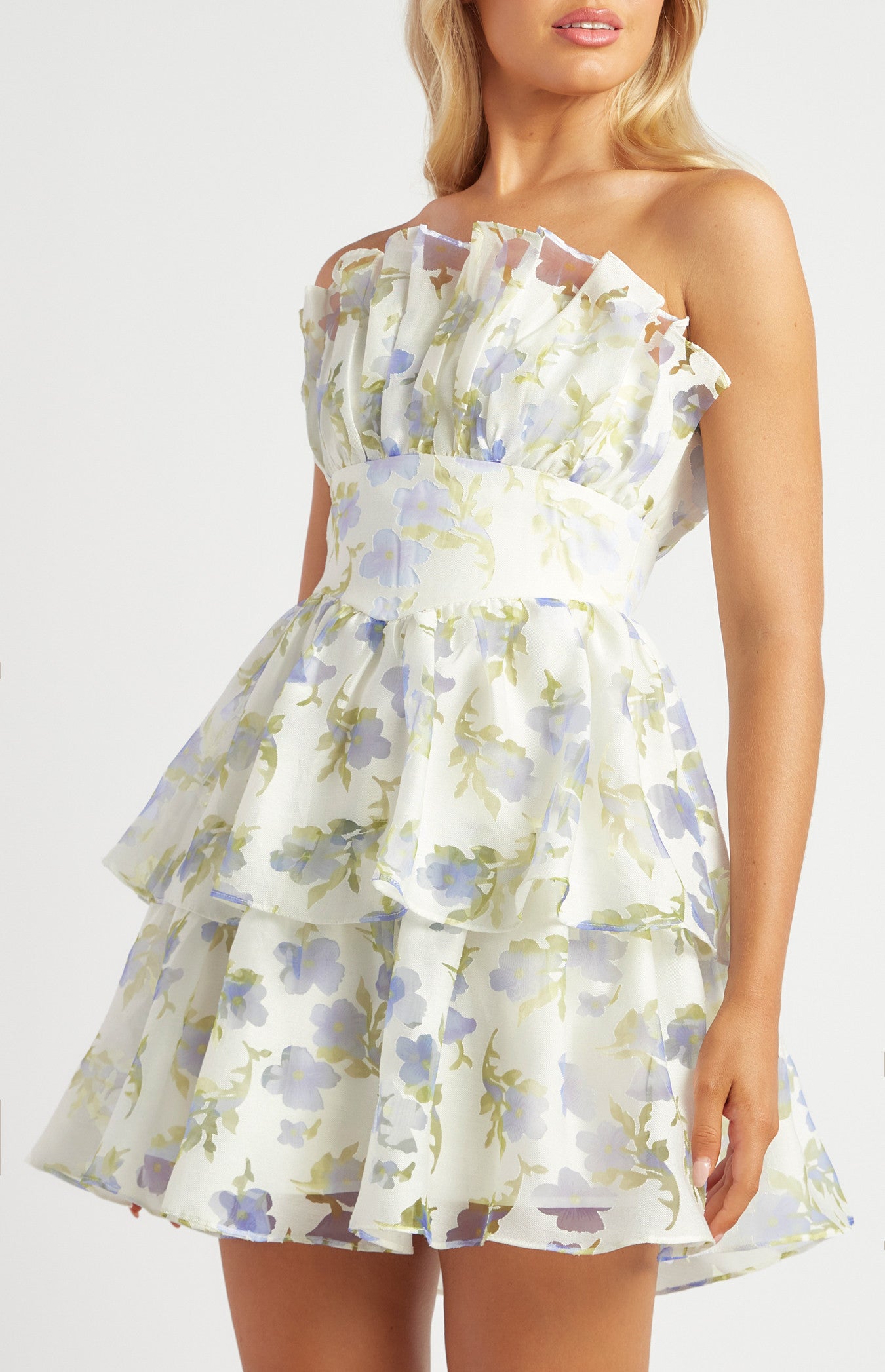 Ruffled Neckline Strapless Floral Organza Dress | Brooklyn Rae Designs